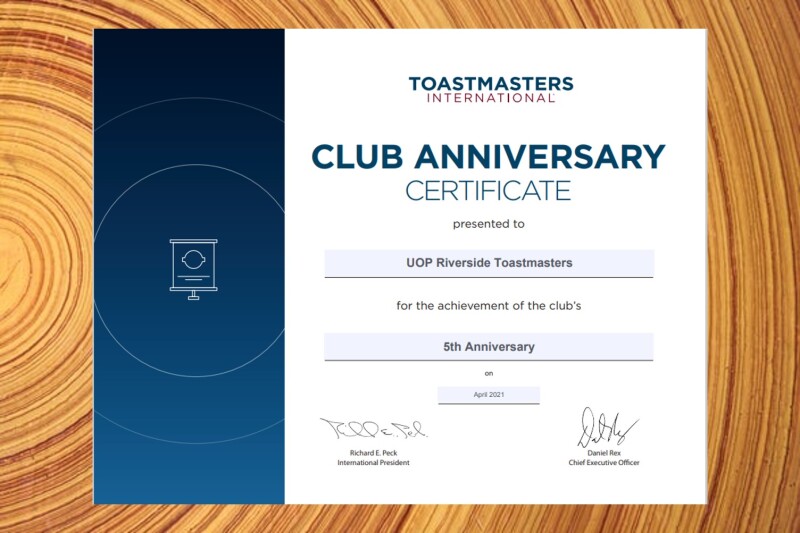 UOP Riverside Toastmasters club 5th anniversary certificate